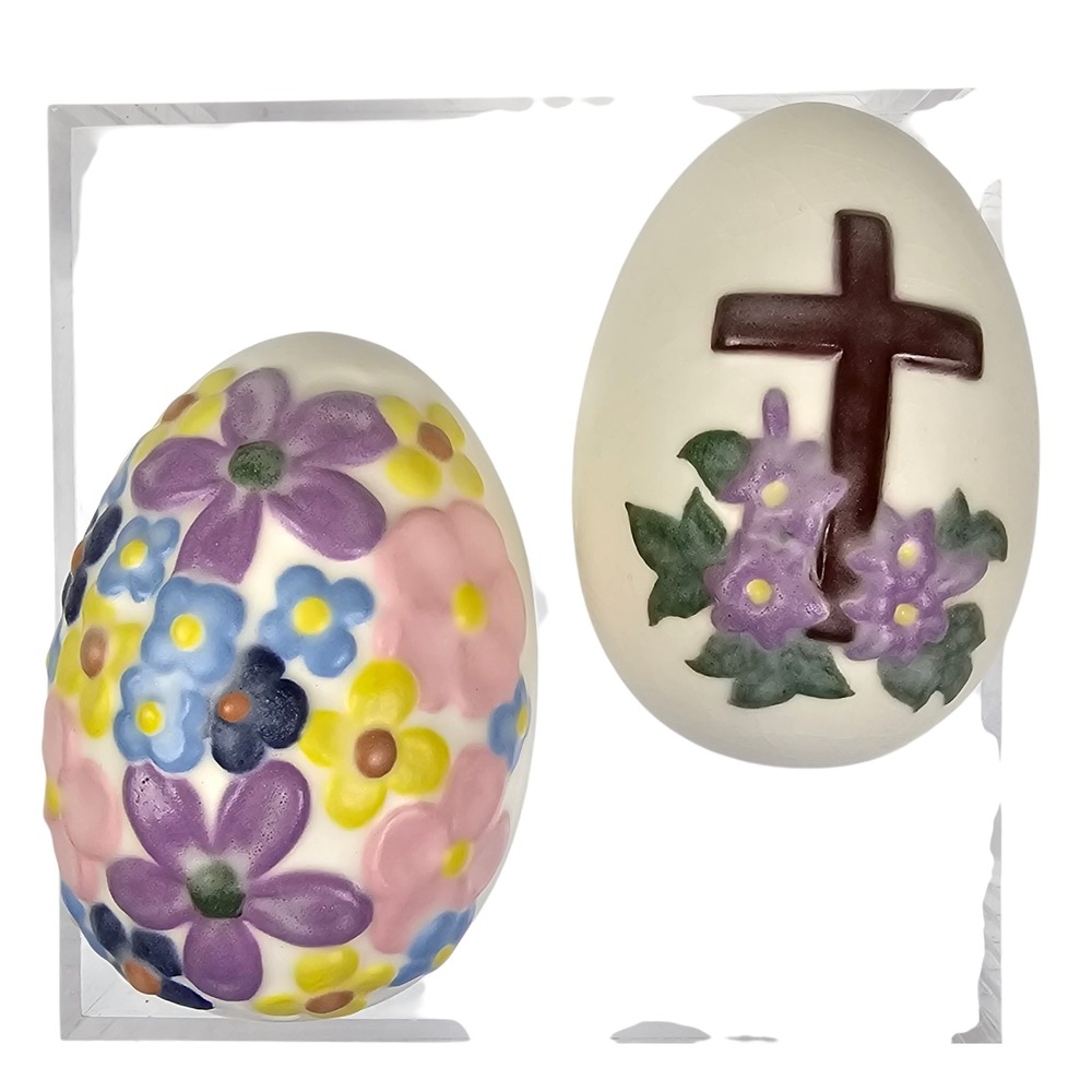 Vintage Ceramic Easter Eggs Set of 2 Floral and Cross Religious Spring Decor